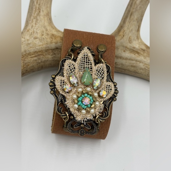 Plunder Jewelry - Faux Leather Brown Cuff Bracelet with Gemstone Accents and AB Crystals